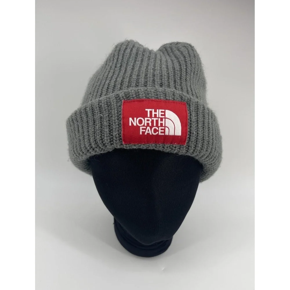 The North Face Gray Rib Knit Beanie Hat Red Box Logo Winter‎ Unisex OSFA